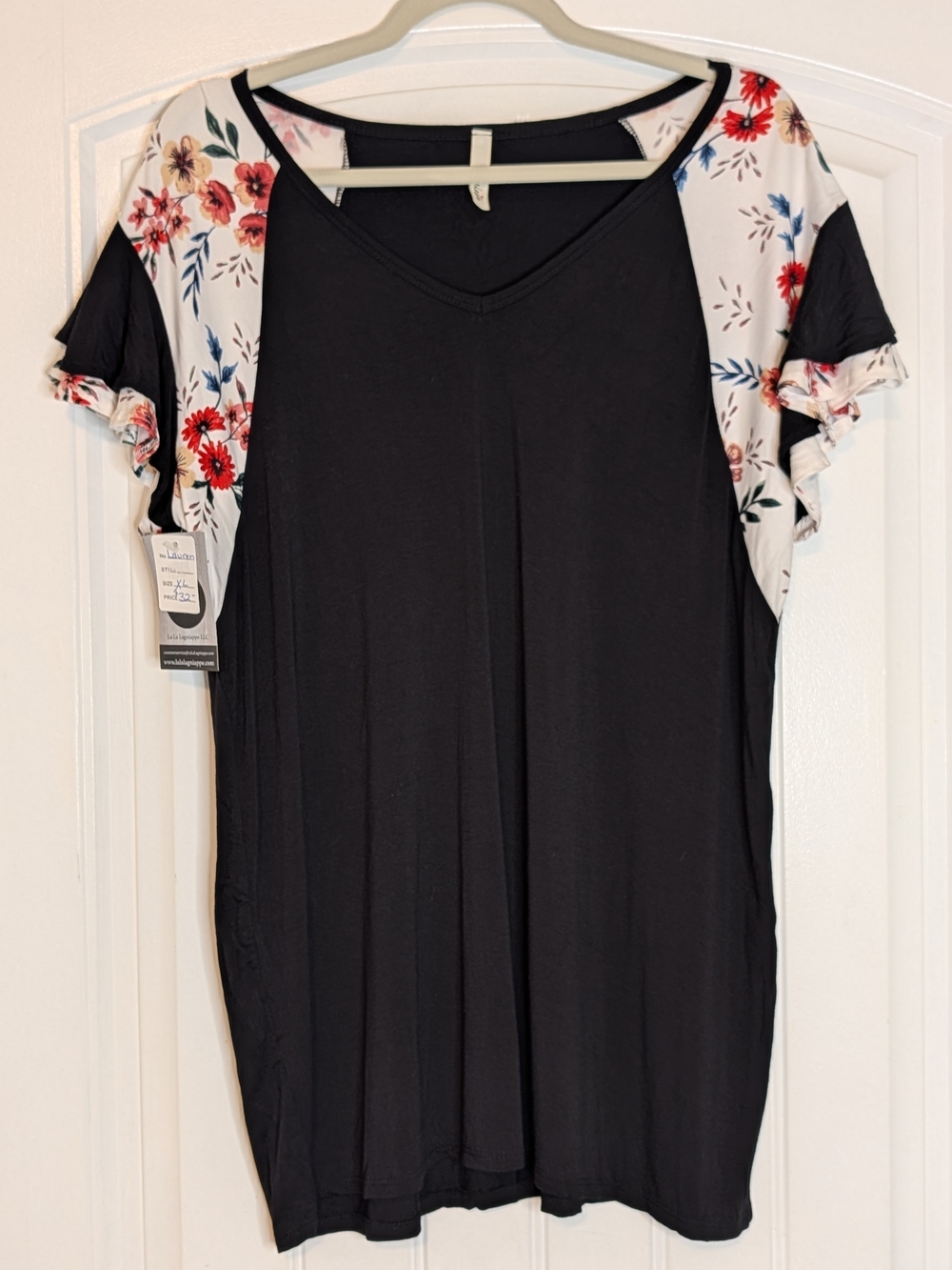Celeste Black V Neck Soft Knit Shirt Floral Patterned Flutter Sleeves